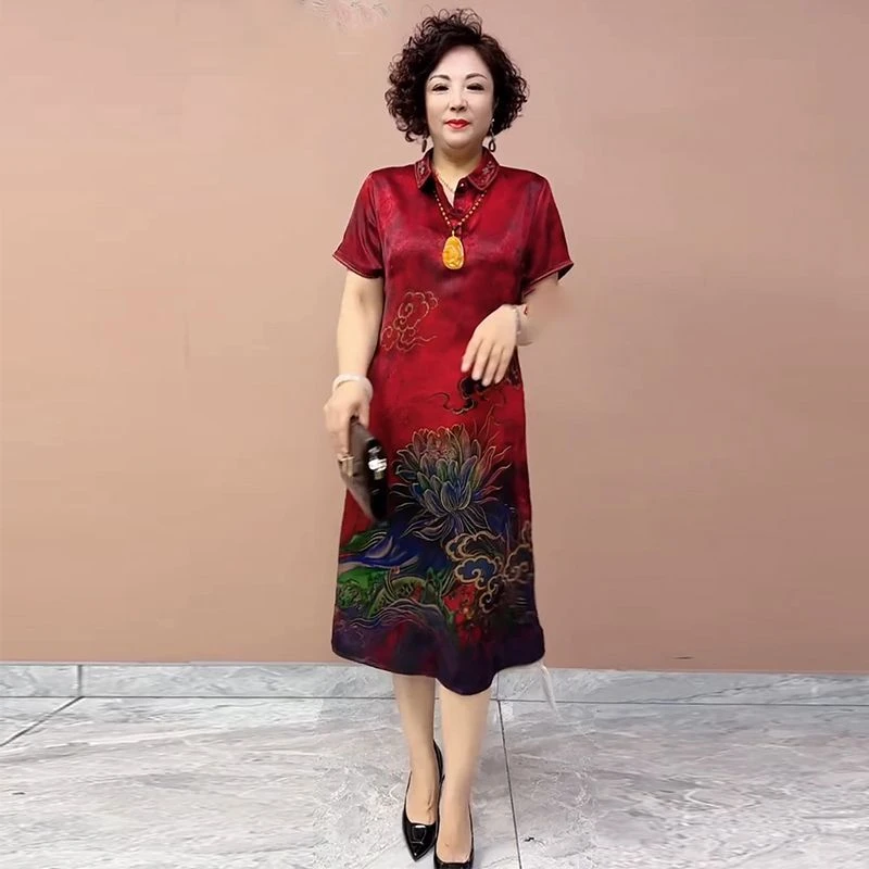 夏装妈妈连衣裙时尚绣花翻领新中式旗袍裙夏季高档年轻妈妈裙子女