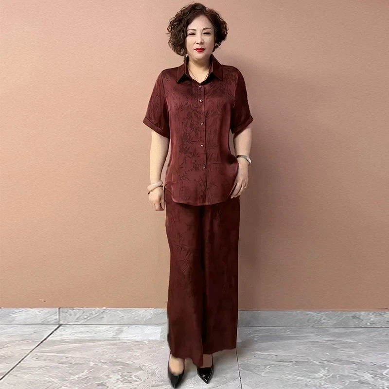 夏季新款2024中老年妈妈衬衫时尚气质百搭阔太太遮肚显瘦上衣裤子