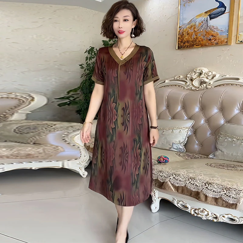 时尚妈妈装夏季新款短袖连衣裙中老年女洋气减龄国风气质休闲裙子