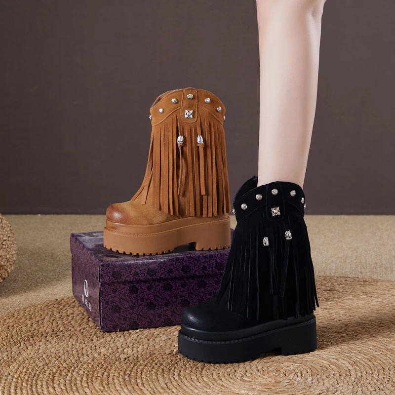 震地王高跟12cm马丁靴女2025秋季单靴英伦厚底内增高时尚流苏短靴