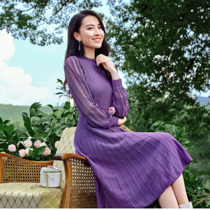 【会员专享】提花针织长袖女中长款春季气质修身显瘦连衣裙KF0649