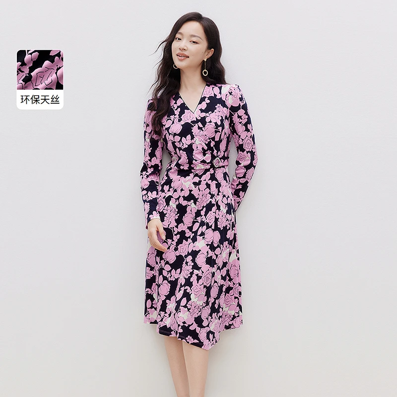 莱赛尔+绵羊毛|大气印花浪漫优雅显瘦微弹新款连衣裙