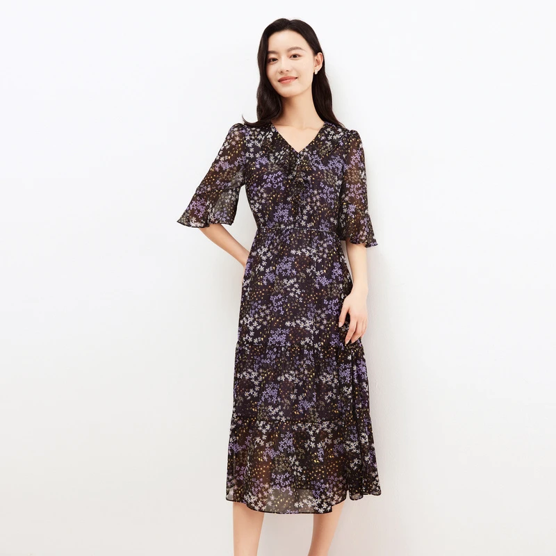 珂莱蒂尔夏季新款气质复古印花女荷叶边茶歇中长款连衣裙KF09778