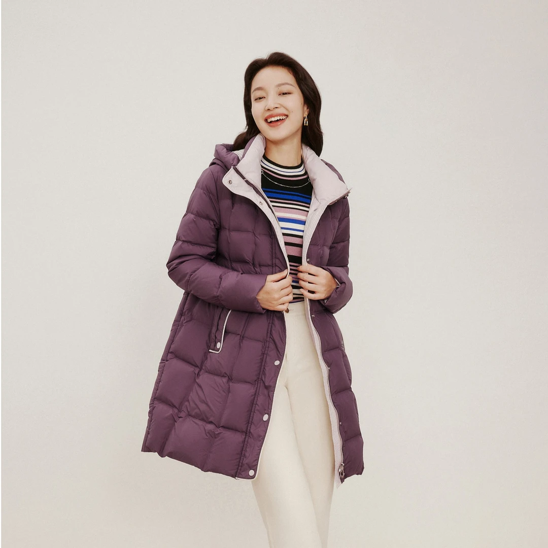 【珂莱蒂尔】时尚连帽中长款外套女士百搭白鹅绒加厚保暖KR00818U1