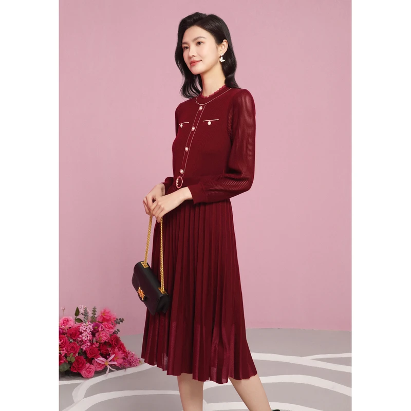 【珂莱蒂尔】复古法式春季优雅绵羊毛长袖连衣裙KF09923W0