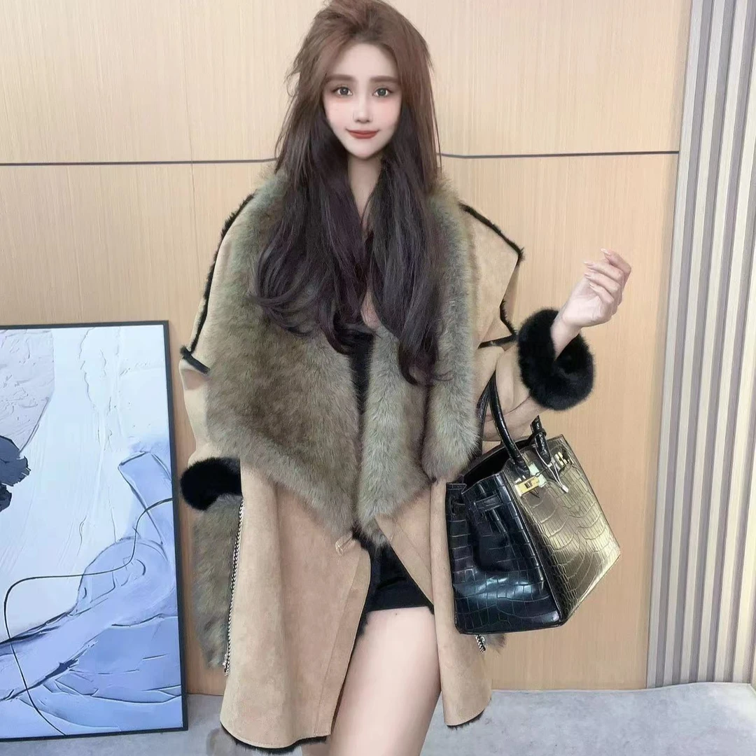 【蒂芬妮月月推荐2891】冬季新品小众设计大翻领毛毛外套中长款宽松