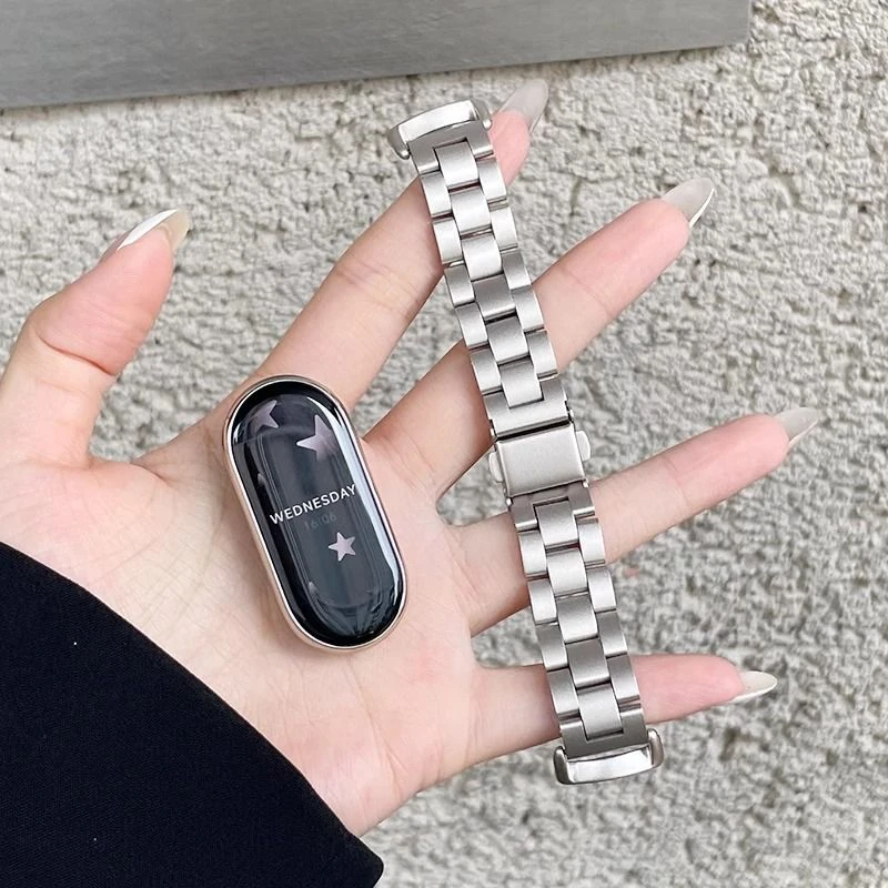 适用小米手环9NFC版8代765表带高级不锈钢三株金属小香风男女腕带