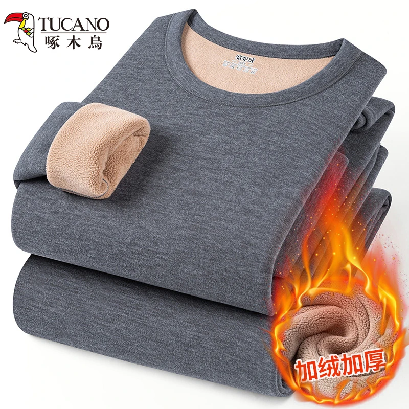 啄木鸟加绒加厚男士保暖内衣套装冬季内穿防寒圆领秋衣秋裤一套男