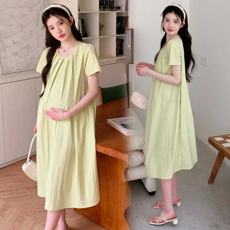 孕妇裙夏季高级感2024新款丝滑垂顺压褶宽松大码简约孕妇连衣裙女