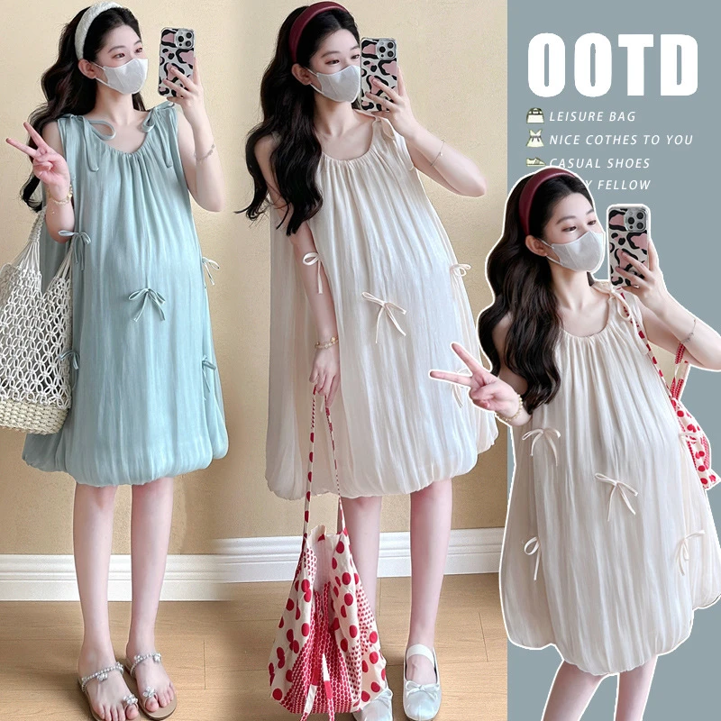实拍现货 夏季韩版宽松减龄蝴蝶结温柔风仙气孕妈清凉连衣裙