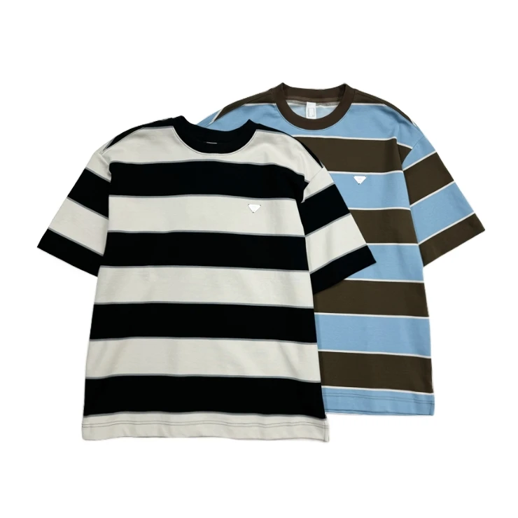 夏季新款男士日系休闲宽松宽条纹百搭圆领短袖T恤1249