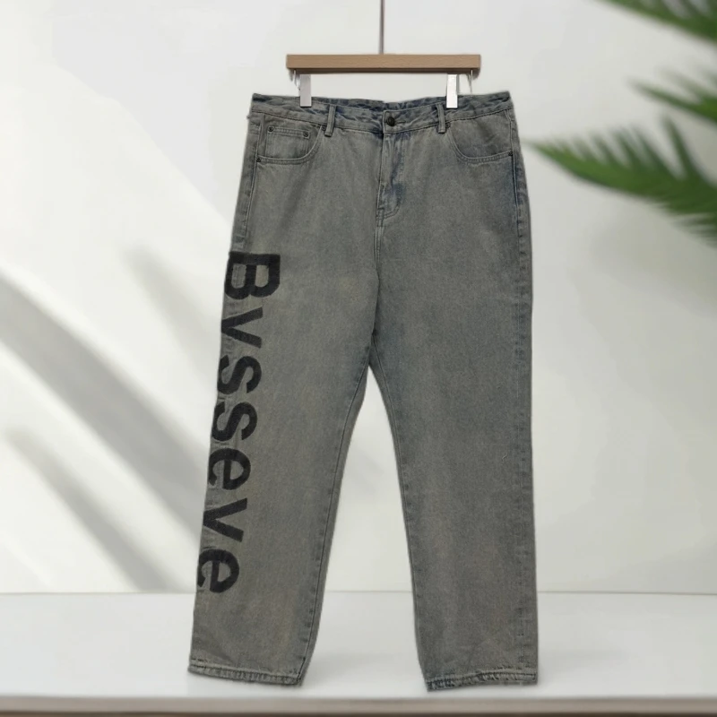 秋季新款男士休闲百搭潮流时尚宽松水洗侧边字母直筒牛仔裤24179