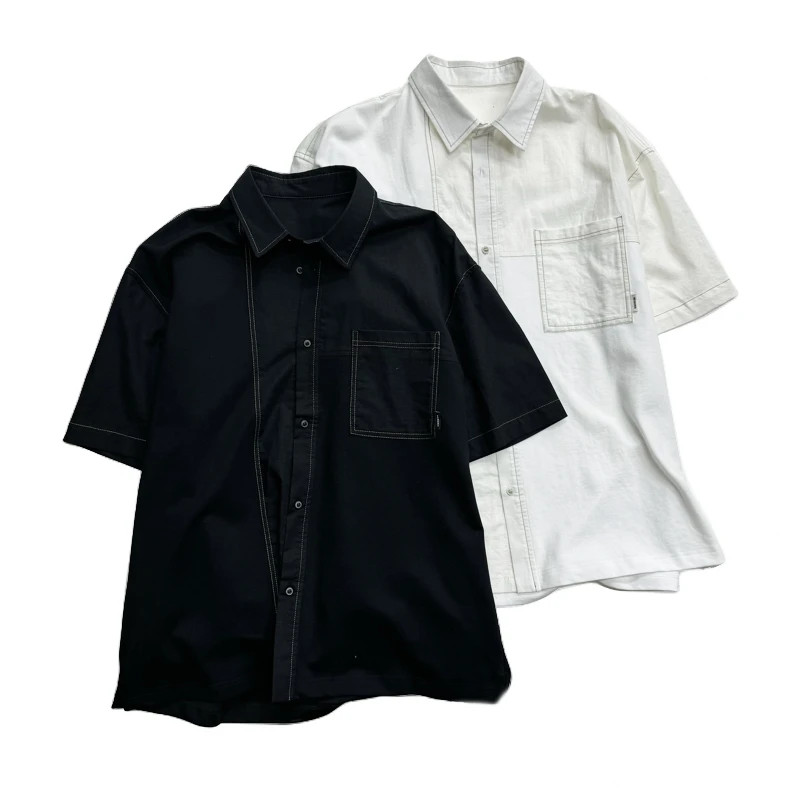 春夏新款衬衫短袖休闲翻领时尚明线上衣宽松衬衣男242558