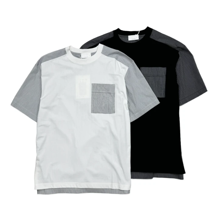 夏季新款时尚百搭拼接条纹透气男款宽松圆领短袖T恤9111