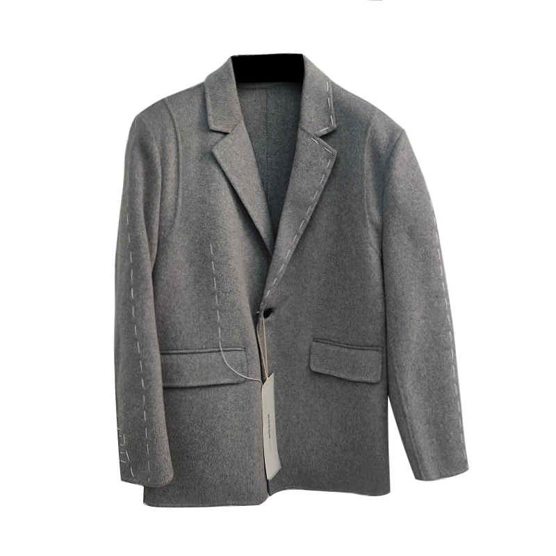 秋冬新款男士时尚平驳领中长款休闲格子毛呢大衣外套男26114