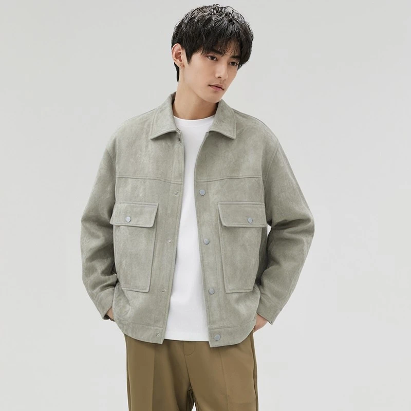 秋季新款男士鸡皮绒夹克百搭简约通勤经典翻领休闲男外套23076