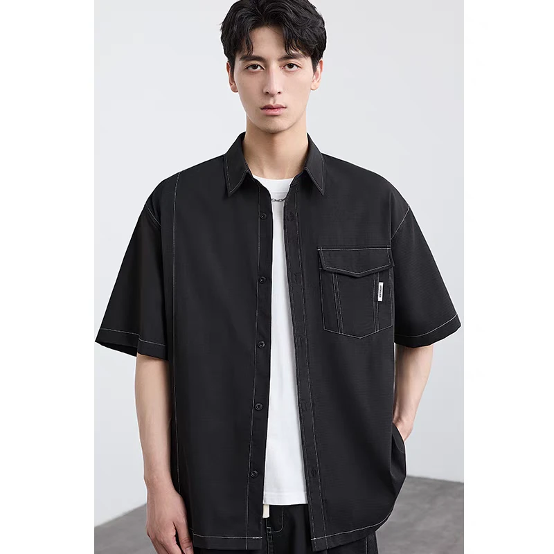 莱塞尔短袖衬衫男夏季2024新款韩版宽松明线设计百搭衬衣3303