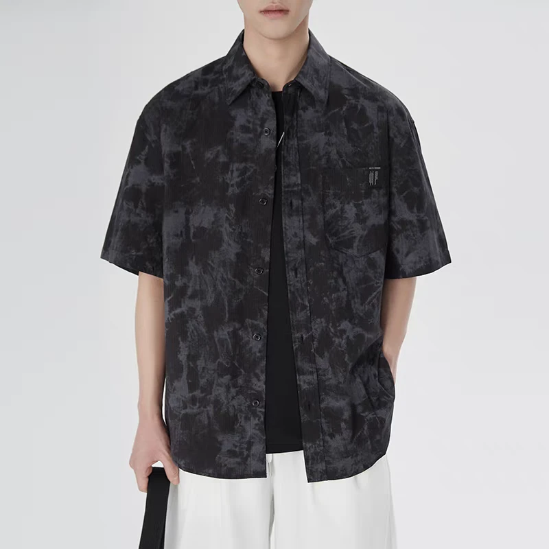 夏季新款男士扎染印花宽松短袖衬衣男高级感轻奢风潮流衬衫3384