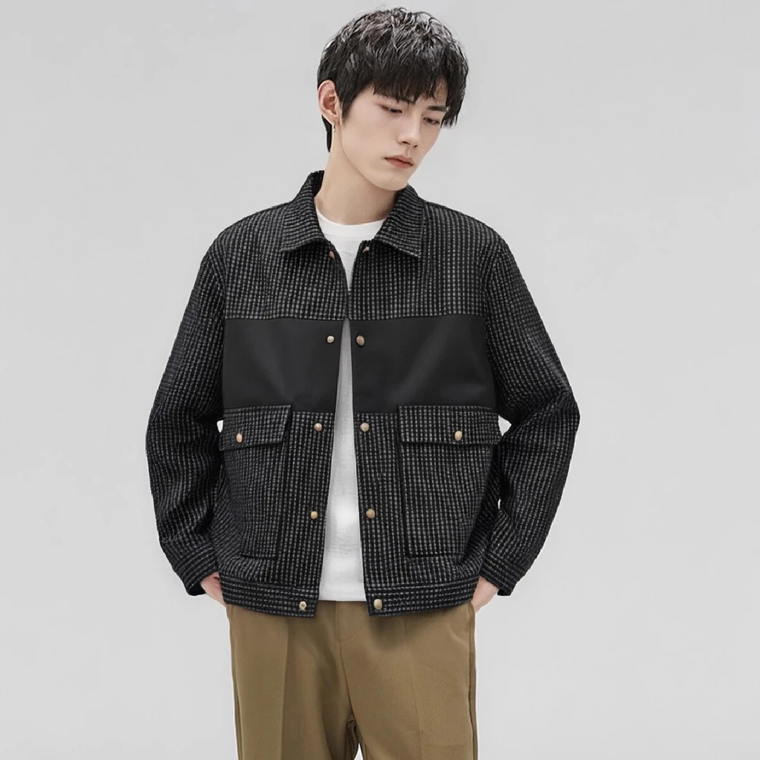 秋季新款男士时尚百搭拼色波点翻领短款夹克休闲男外套8102