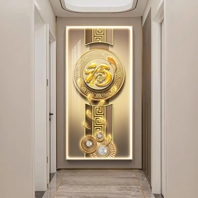 九鱼送福玄关装饰画高端晶瓷镶钻墙壁挂画新中式现代简约大气轻奢