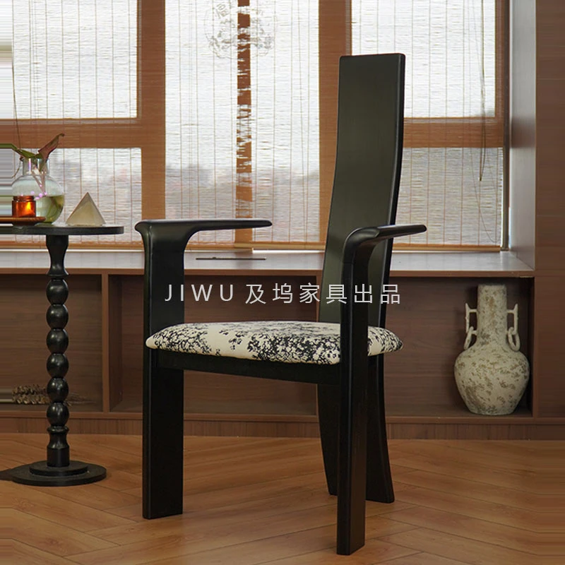 中古实木餐椅黑色白蜡木高背椅子设计师复古家用休闲椅软包靠背椅