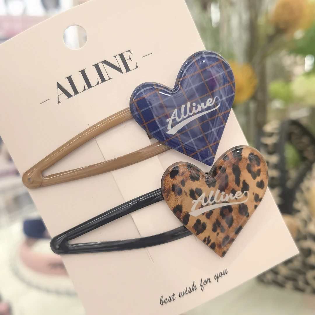 A654蓝色格子豹纹爱心掰掰夹发夹一对