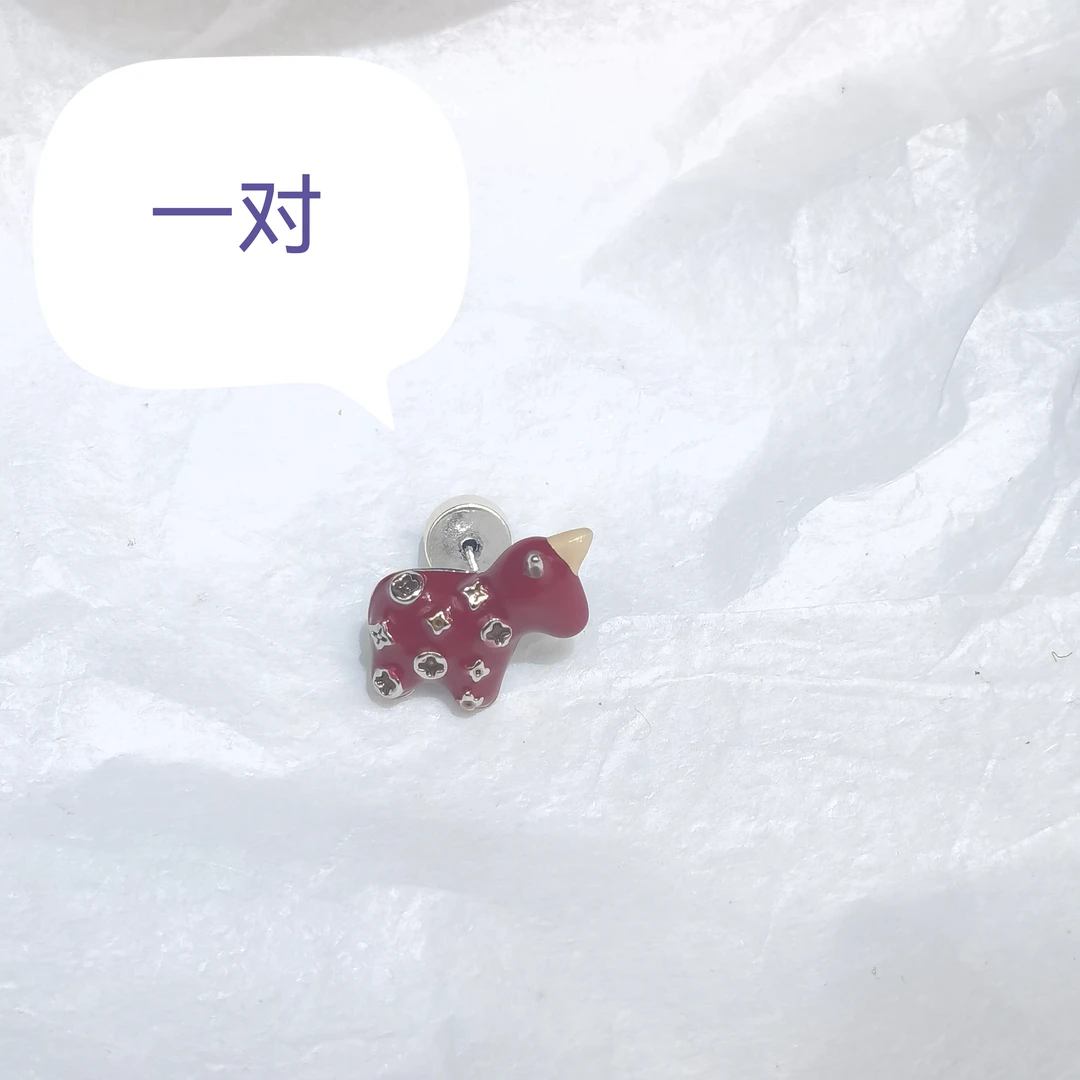 A616红色花花独角兽耳钉耳饰