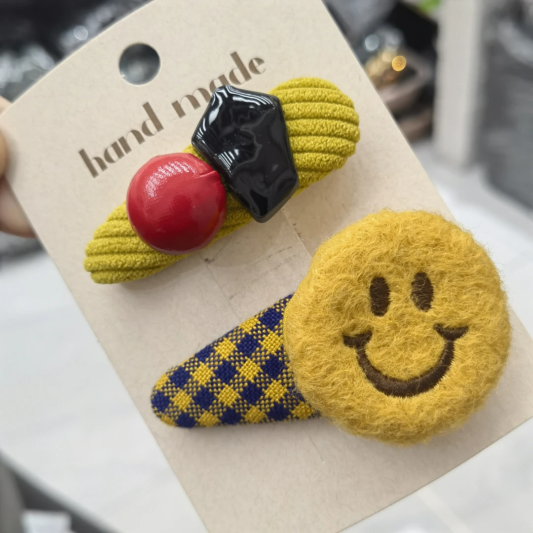 A864黄色笑脸格子掰掰夹发夹一对