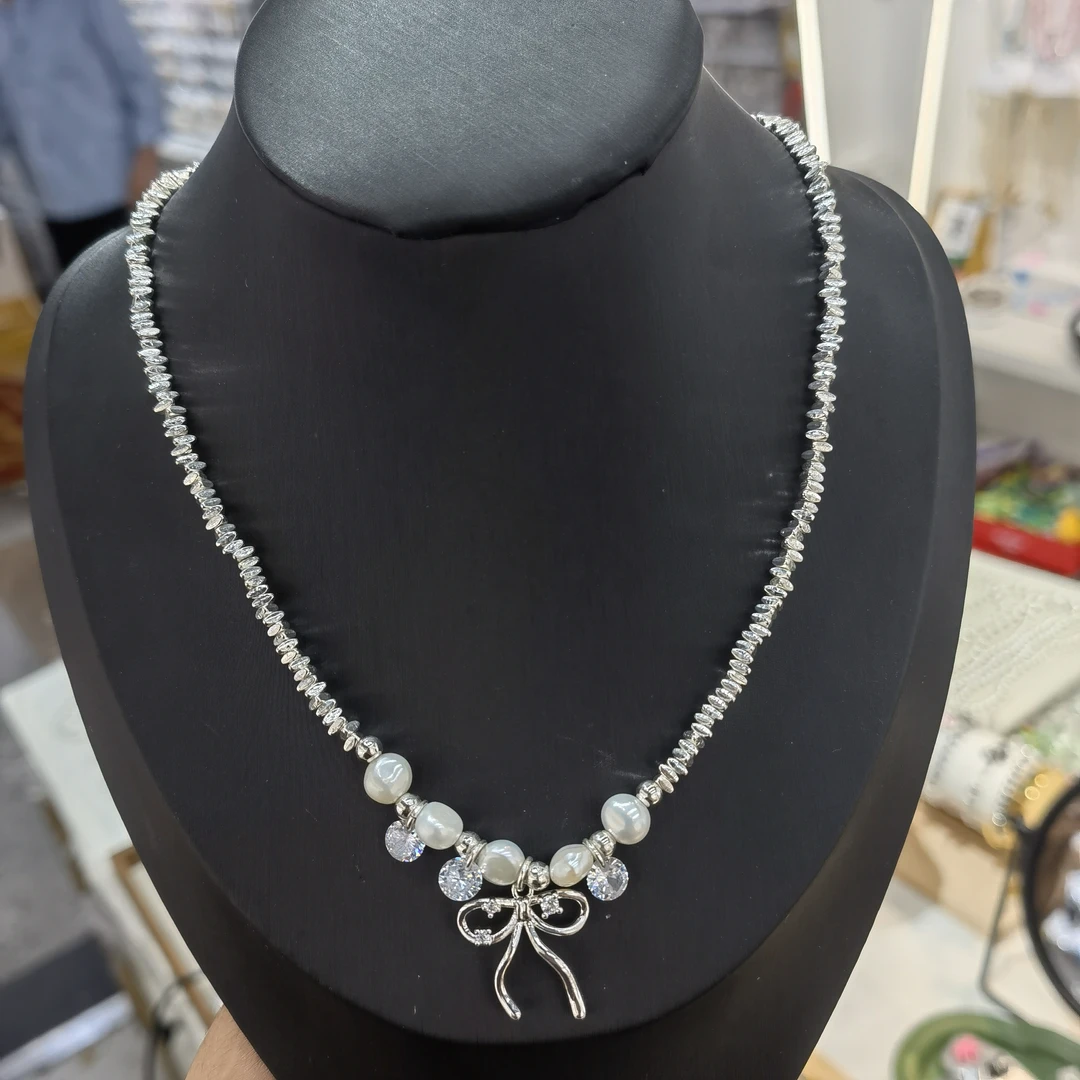 铜合金仿珍珠项链 A915银色碎碎款蝴蝶结项链啊边夹