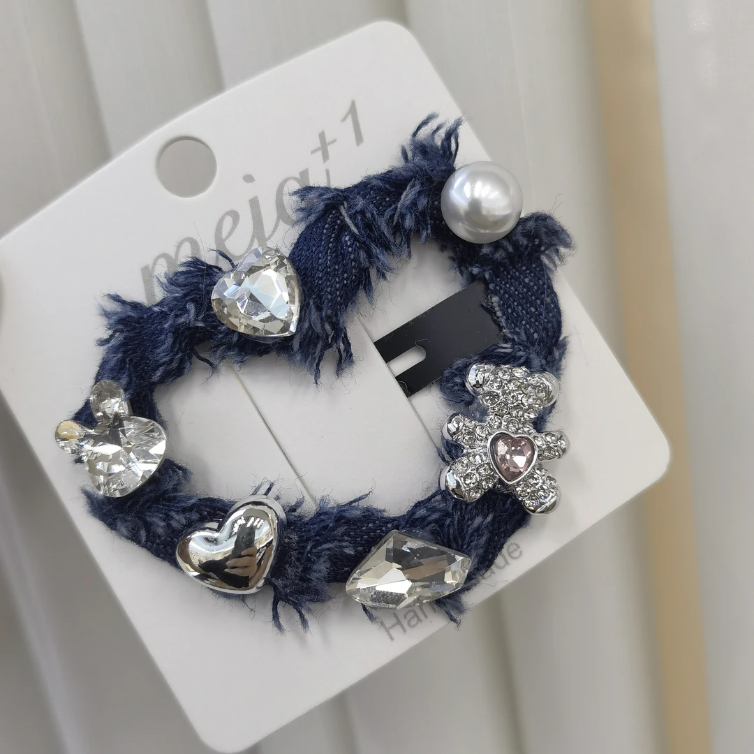 A656深蓝色牛仔小熊爱心掰掰夹