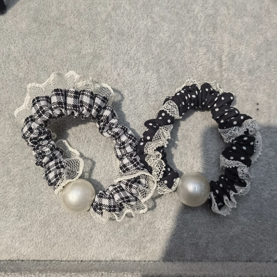 B827波点格子蕾丝边发绳一对