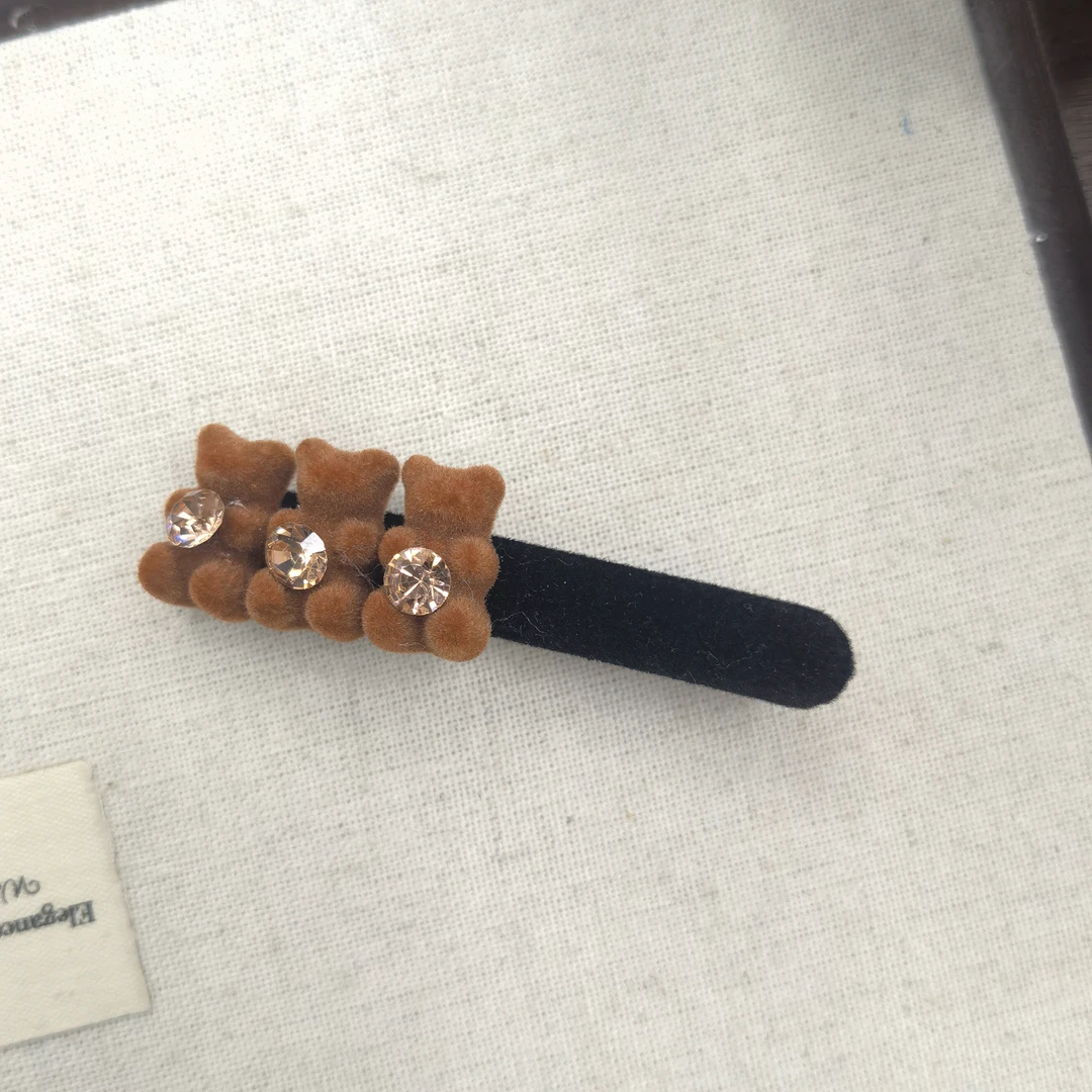 A141咖色绒绒三只小熊泡菜款边夹