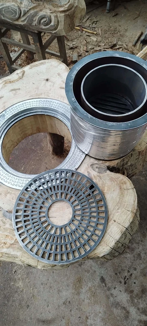 木墩火炉双层炉芯铸铁回纹圈炭炉碳炉嵌入式铁炉树桩烤火炉茶台炉