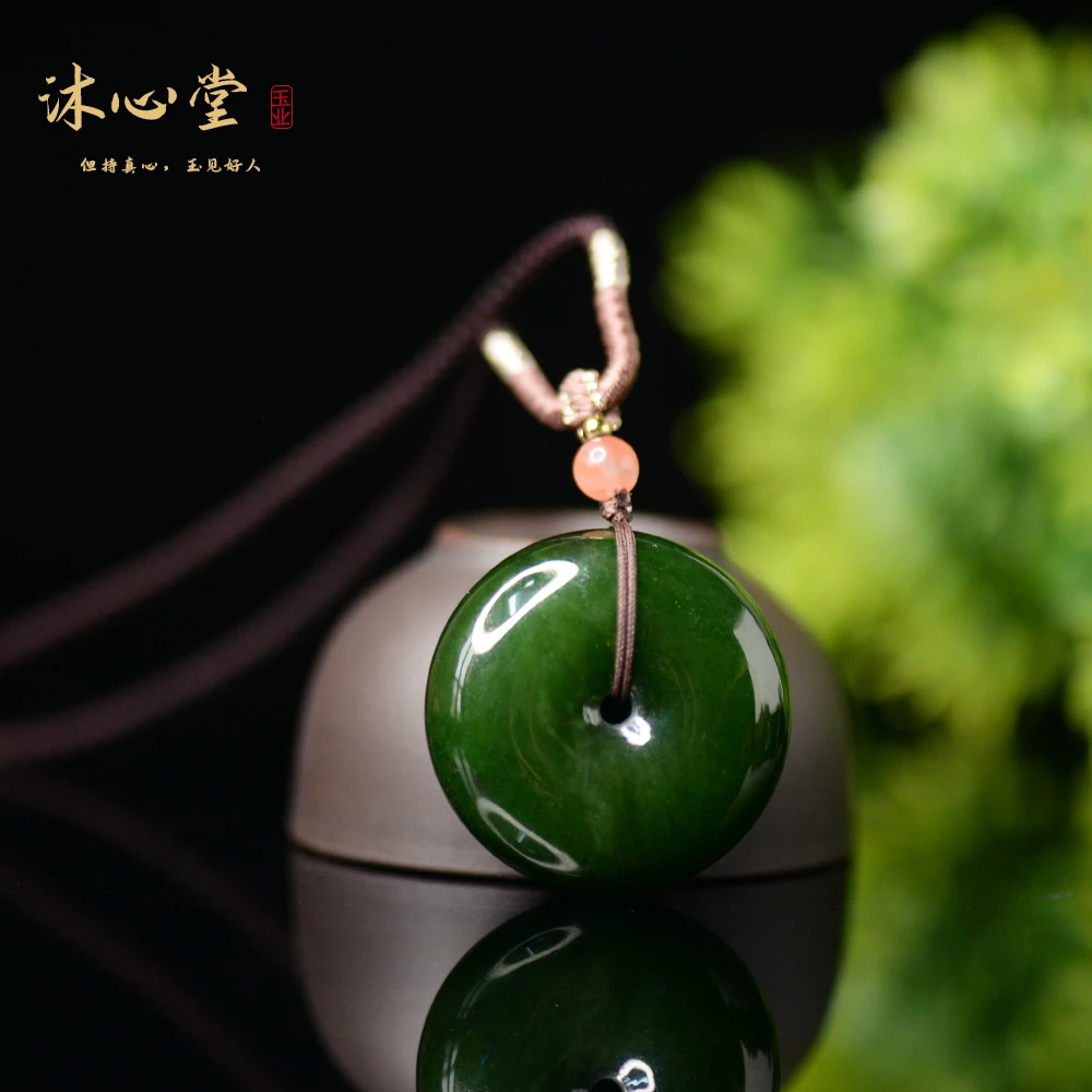 MJ336精品和田碧玉厚平安扣俄料7号红皮老料辣菠菜绿30男女款吊坠