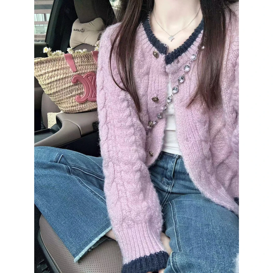 秋冬法式紫色毛衣秋冬女开衫外套奶系穿搭一整套内搭牛仔时尚套装