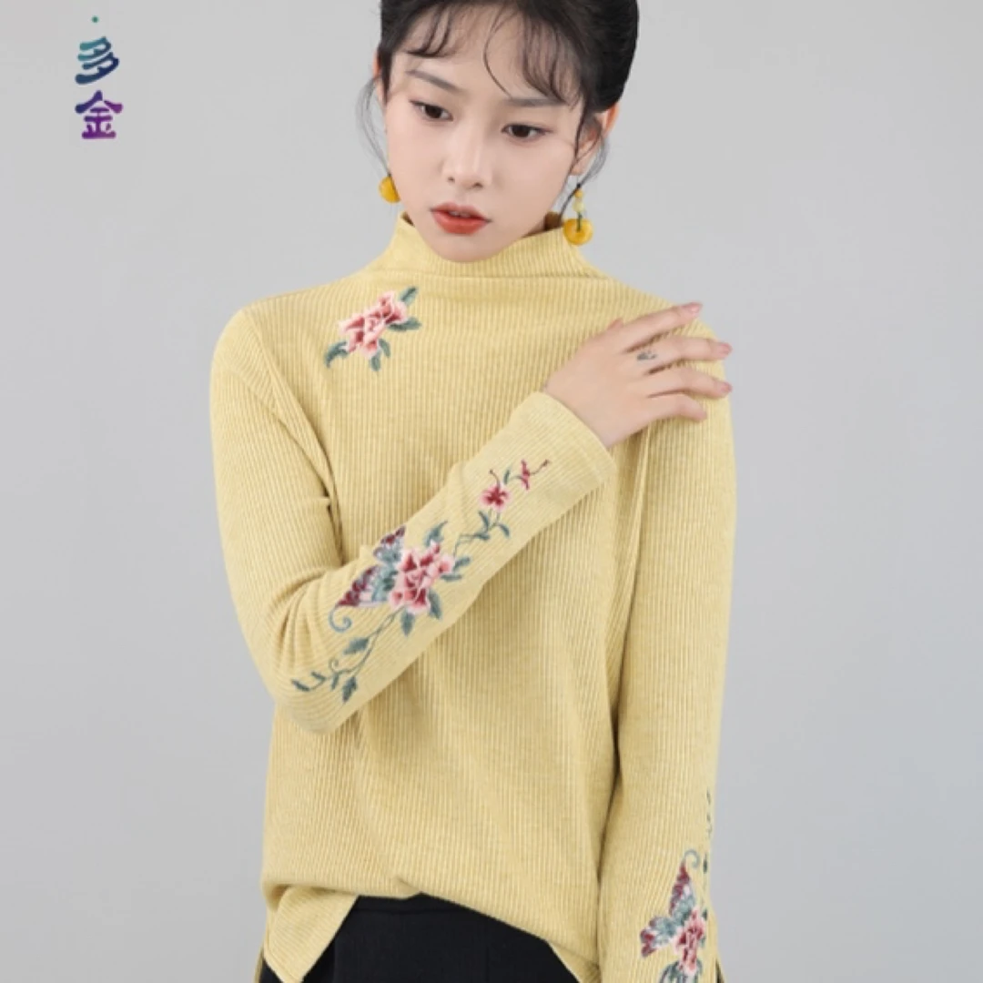 炫织梦新款秋冬糖果色百搭高领鸳鸯袖重工刺绣针织打底衫