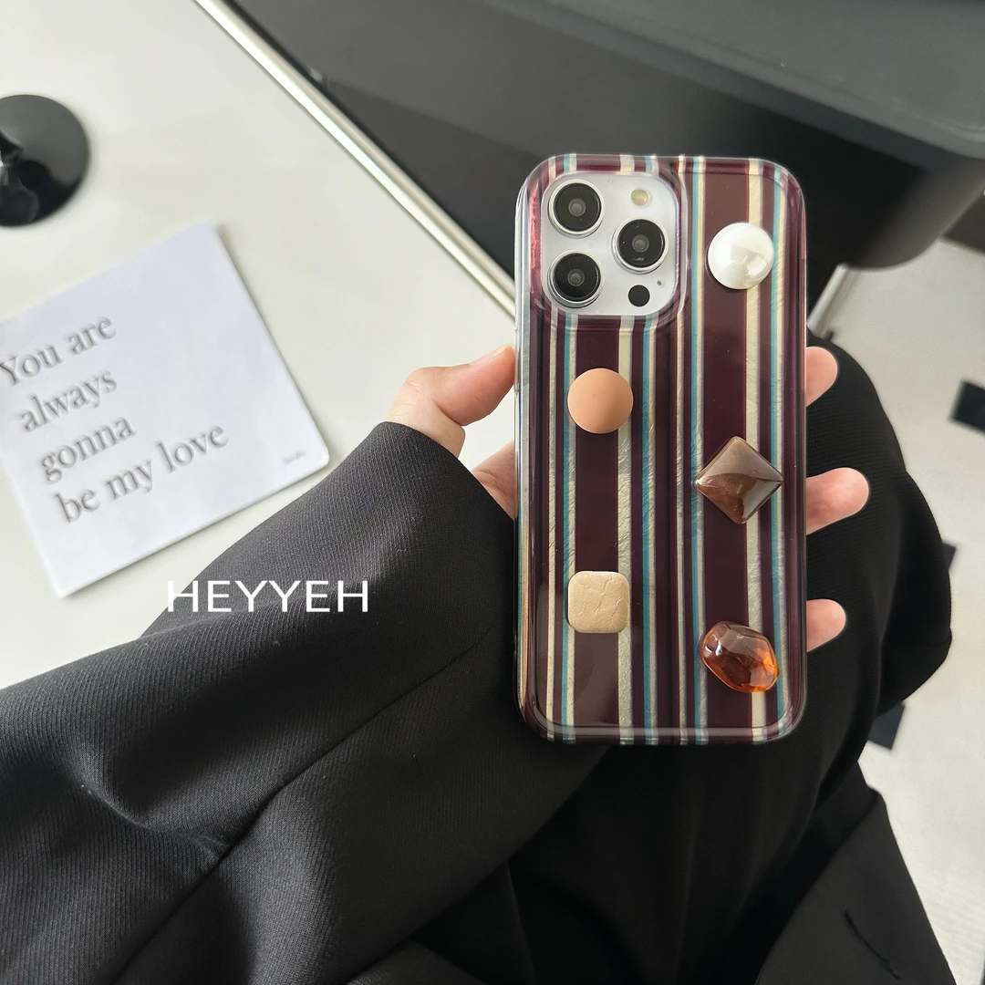 撞色条纹立体宝石适用iPhone16promax手机壳苹果15新款14双层防摔