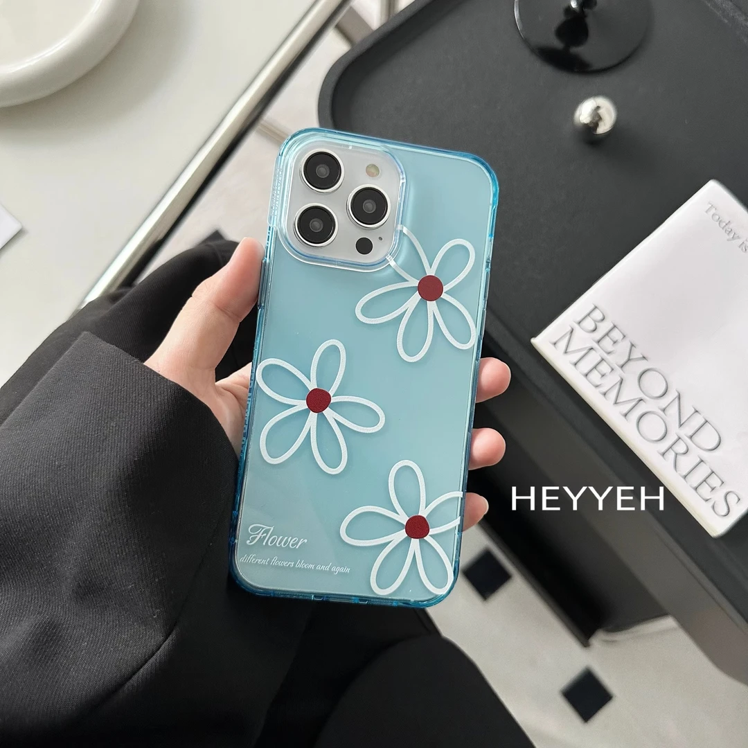 小众ins风夏日蓝色花朵适用iPhone15pro max手机壳透明全包
