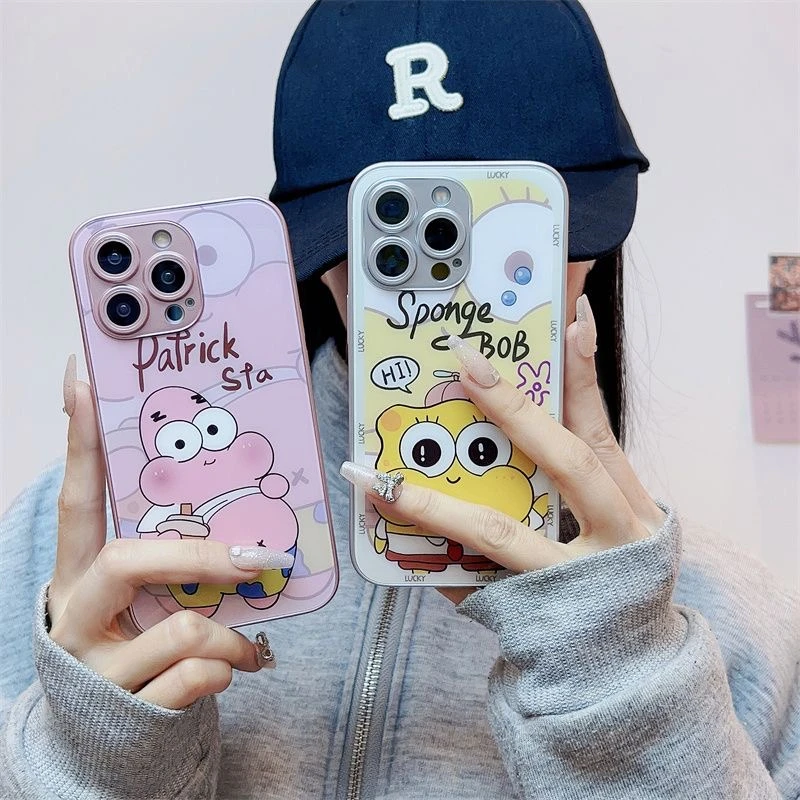 适用苹果15华为OPPOvivo小米海绵宝宝金属漆玻璃防摔手机壳