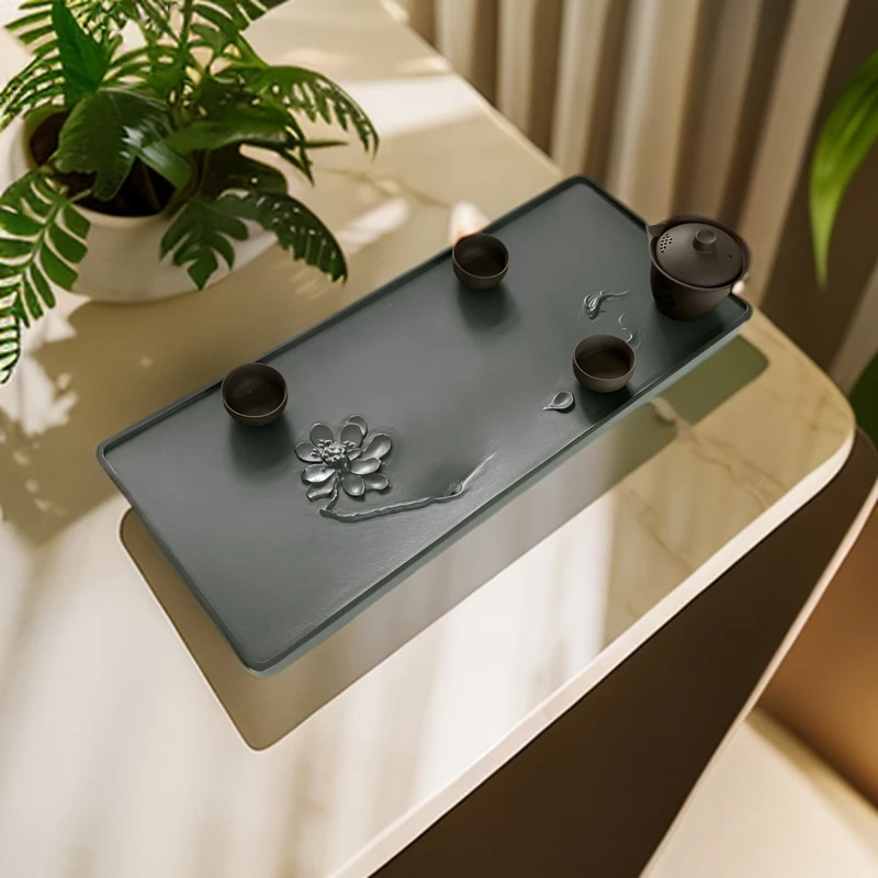 天然天罗绿茶桌石茶盘时尚精致禅意雕刻【荷花】整板整块家用办公用