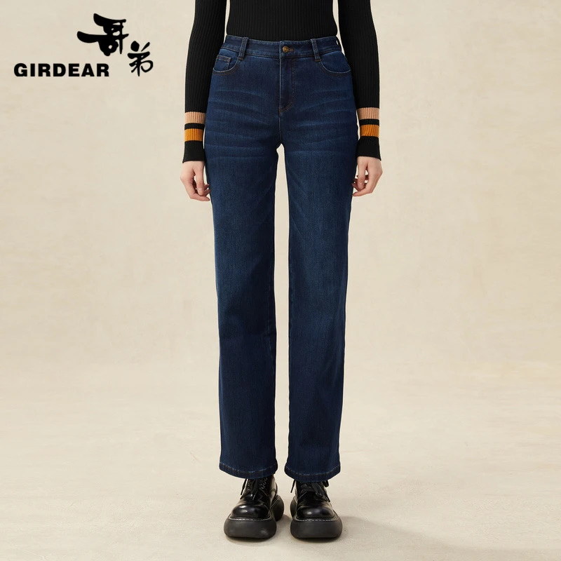 GIRDEAR/哥弟1100270 秋冬新款高腰百搭焦糖色牛仔直筒休闲裤时尚