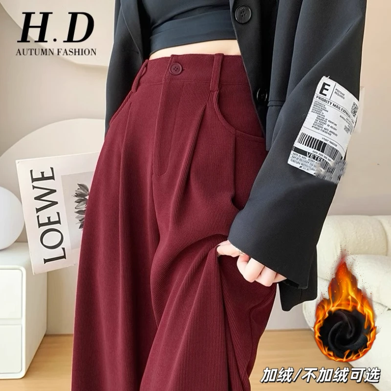雪尼尔阔腿裤女秋冬加绒安哥拉红色高腰加绒休闲垂感显瘦直筒长裤