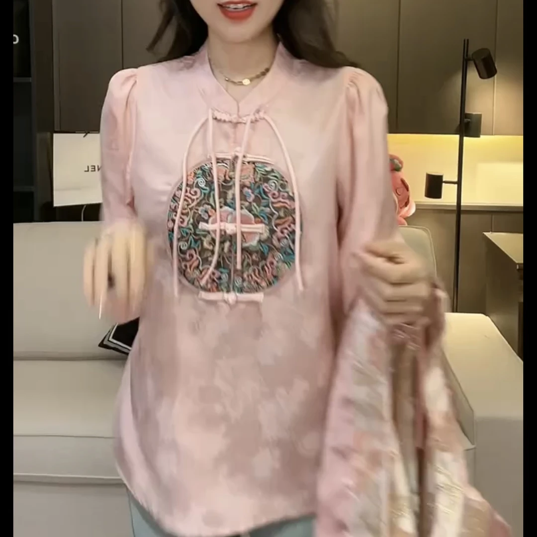 新款时尚气质新中式盘扣贴片流苏国风衬衫