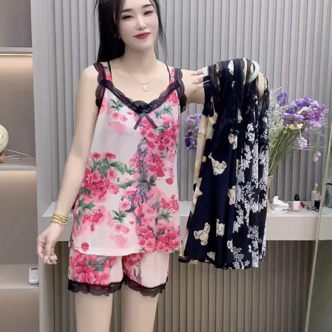 新款时尚宽松舒适蕾丝宽肩带睡衣女套装