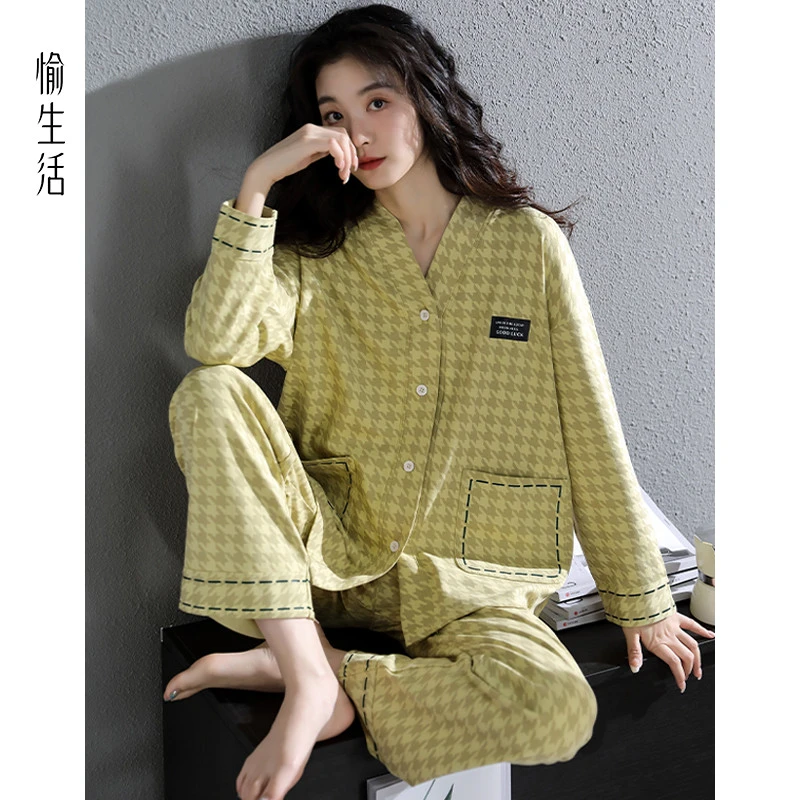 愉生活睡衣女春秋季纯棉质长袖秋冬休闲家居服开衫V领千鸟格套装
