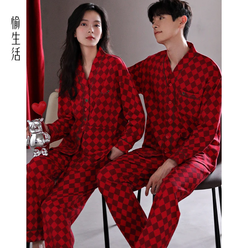 愉生活结婚新婚情侣睡衣女士春秋纯棉长袖开衫男款红色家居服套装