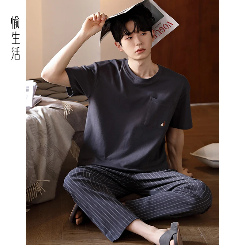 愉生活夏季睡衣男士纯棉短袖圆领套头薄款长裤休闲夏天家居服套装