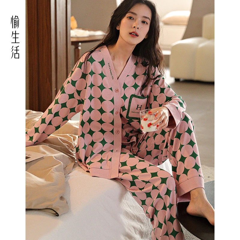 愉生活纯棉睡衣女春秋长袖开衫大码学生宿舍秋冬款外穿家居服套装