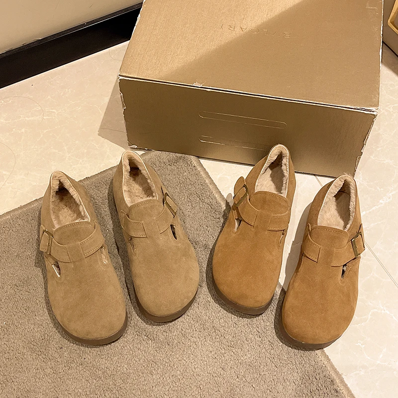 QIAOYI复古加绒勃肯鞋女2024年秋冬新款一脚蹬懒人豆豆鞋平底棉鞋