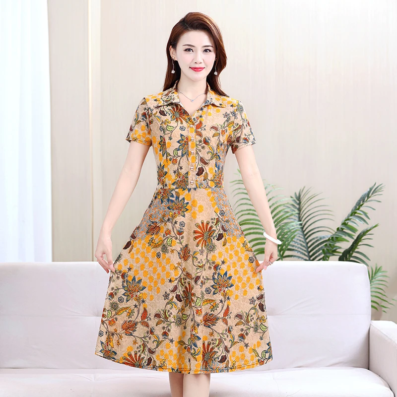 碎花连衣裙女夏季2023新款洋气宽松遮肚过膝中年夏天妈妈装长裙子